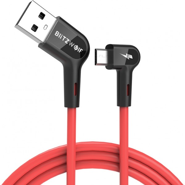BlitzWolf Right Angle USB-A to Micro USB Cable , 5V , 2.4A , 1,8m - Red