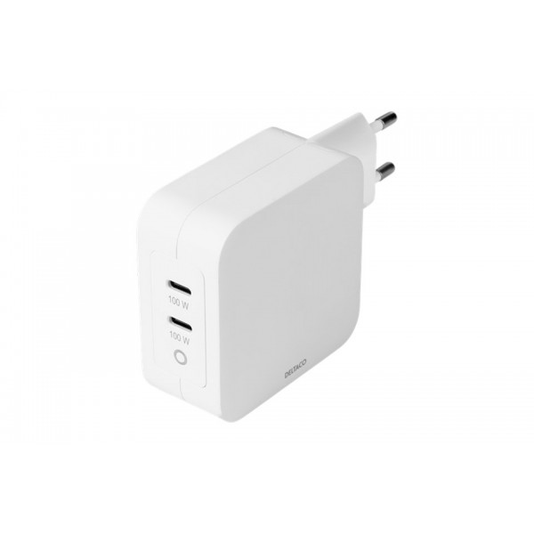 Deltaco USB-C wall charger, GaN technology, 2x USB-C PD, total 100 W USBC-GAN03
