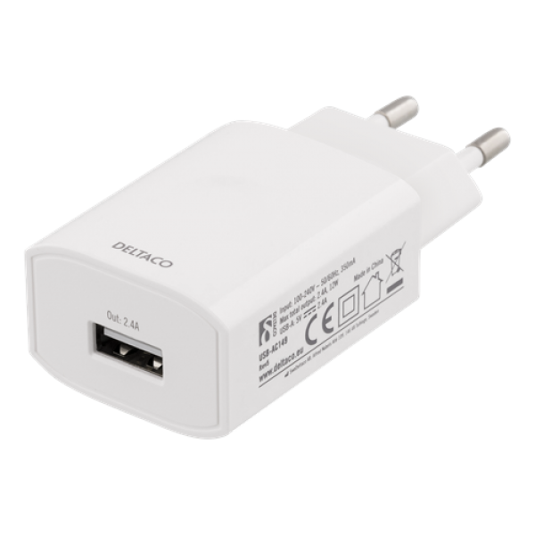 Deltaco wall charger 2,4 A white USB-AC149