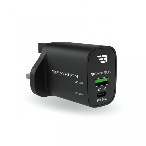 Baykron Smart Wall Adapter USB A και Type-C Power Delivery 20W +QC3.0 36W Συνολικά Μαύρος UK BKR-SL-WC-PDQC-UK