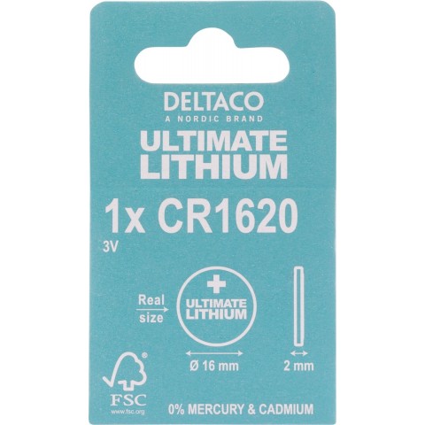 DELTACO Ultimate Μπαταρία Λιθίου 3V CR1620 button cell 1 τεμάχιο Οικολογική FSC Συσκευασία ULT-CR1620-1P