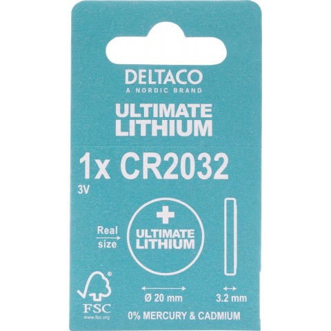 DELTACO Ultimate Μπαταρία Λιθίου 3V CR2032 button cell 1 τεμάχιο Οικολογική FSC Συσκευασία ULT-CR2032-1P