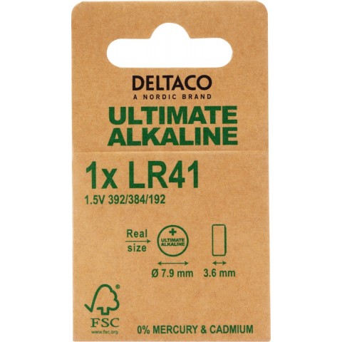 DELTACO Ultimate Αλκαλική Μπαταρία 1.5V LR41 button cell 1 τεμάχιο Οικολογική FSC Συσκευασία ULT-LR41-1P