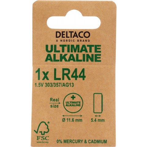 DELTACO Ultimate Αλκαλική Μπαταρία 1.5V LR44 button cell 1 τεμάχιο Οικολογική FSC Συσκευασία ULT-LR44-1P